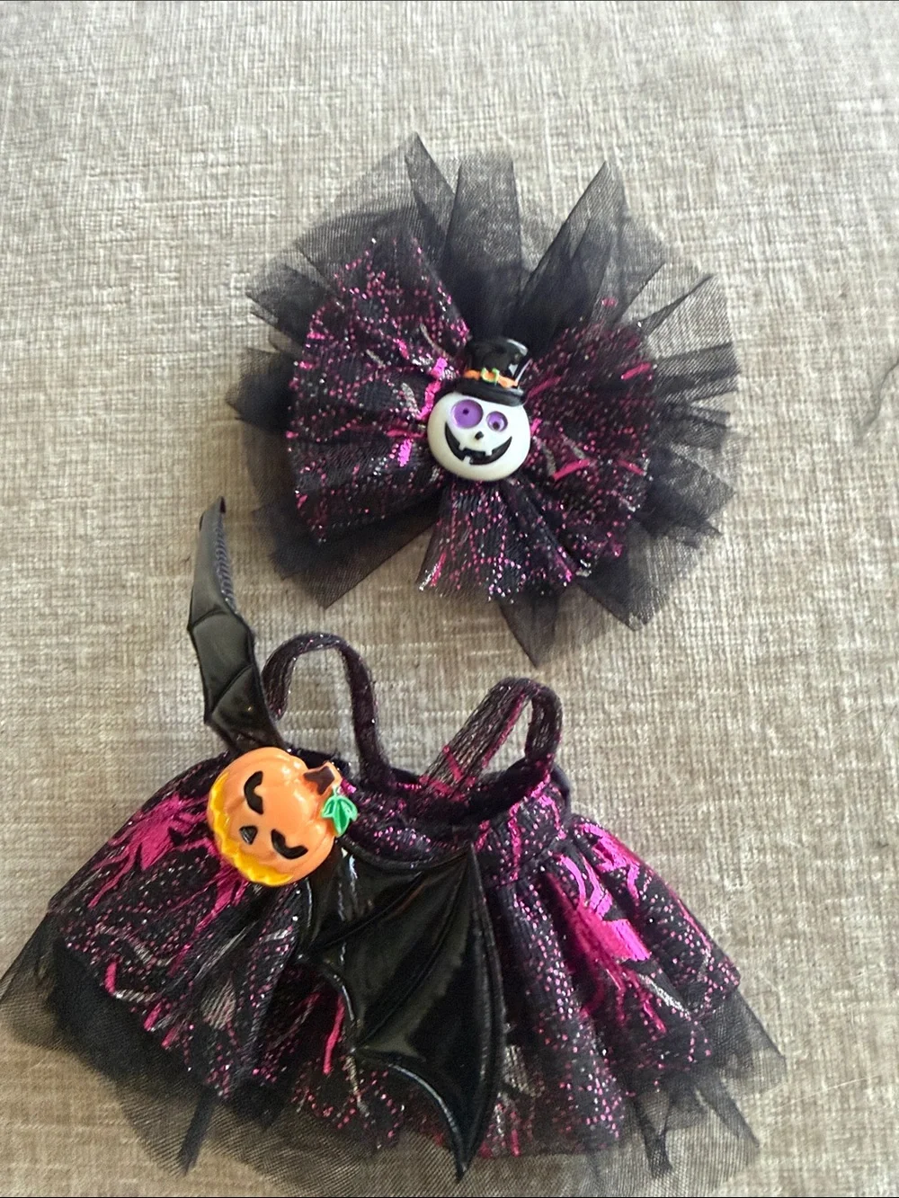 Labubu Halloween costumGirls Black & Pink Halloween Pumpkin Bat Tutu Costume Set